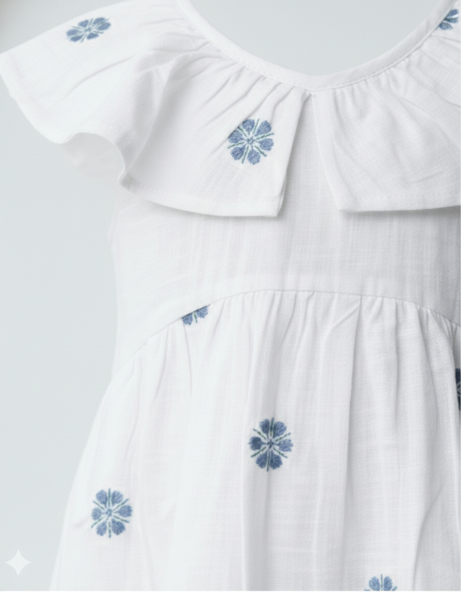 Girls' Premium White Cotton Embroidered Dress – Luxury Botanical Summer Dress with Statement Ruffle Peter Pan Collar - Serromi