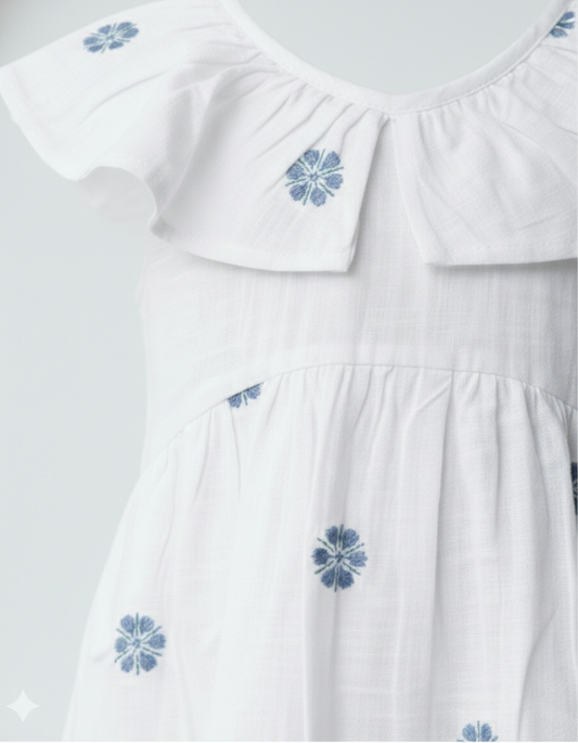 Girls' Premium White Cotton Embroidered Dress – Luxury Botanical Summer Dress with Statement Ruffle Peter Pan Collar - Serromi