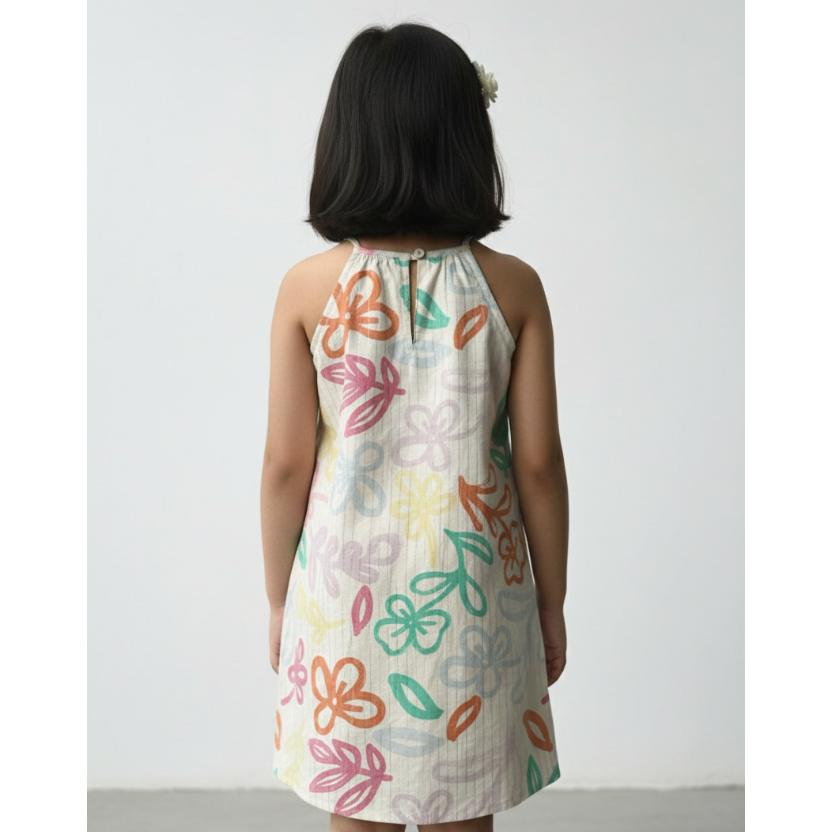 Girls' Premium Pastel Abstract Halter Dress – Luxury Cotton Summer Dress with Multi-Tonal Floral Print