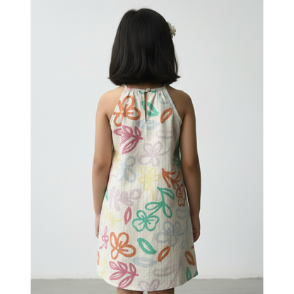 Girls' Premium Pastel Abstract Halter Dress – Luxury Cotton Summer Dress with Multi-Tonal Floral Print