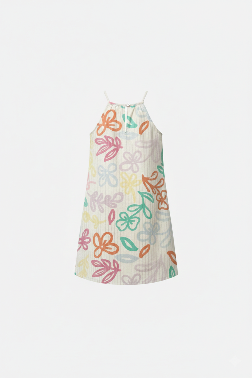 Girls' Premium Pastel Abstract Halter Dress – Luxury Cotton Summer Dress with Multi-Tonal Floral Print - Serromi