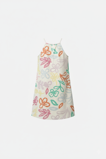 Girls' Premium Pastel Abstract Halter Dress – Luxury Cotton Summer Dress with Multi-Tonal Floral Print - Serromi
