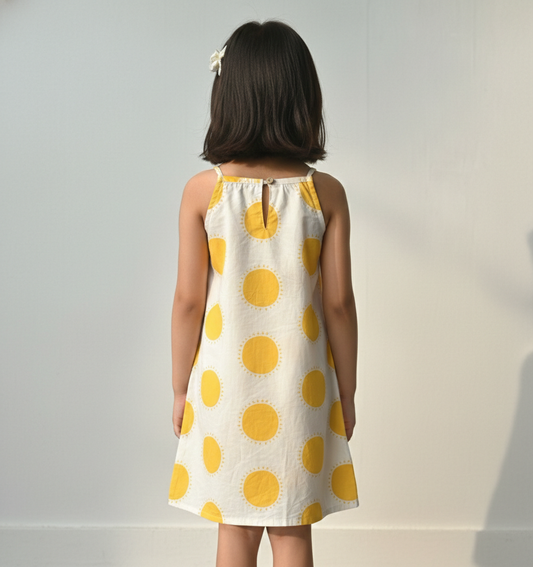 Girls' Premium Golden Sun-Burst A-Line Dress – Luxury Cotton Summer Sundress with Delicate Spaghettii Straps - Serromi