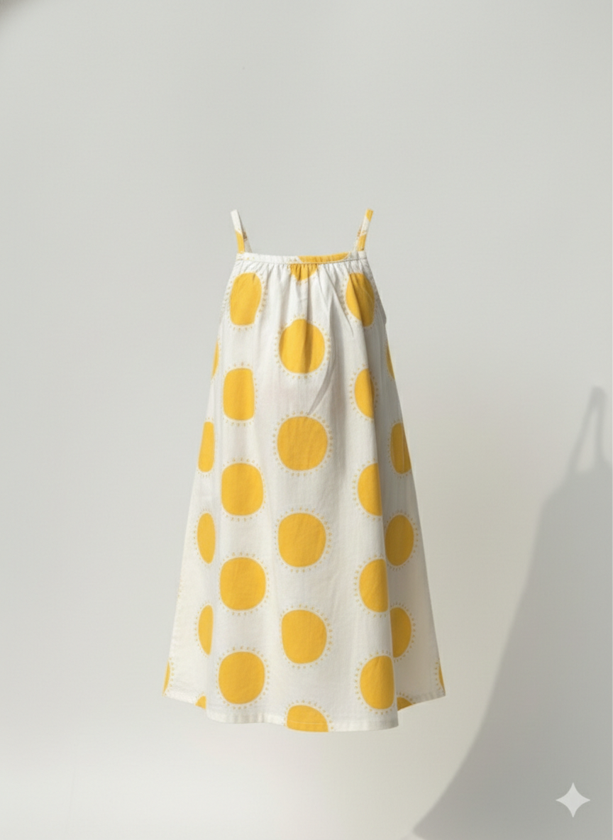 Girls' Premium Golden Sun-Burst A-Line Dress – Luxury Cotton Summer Sundress with Delicate Spaghettii Straps - Serromi
