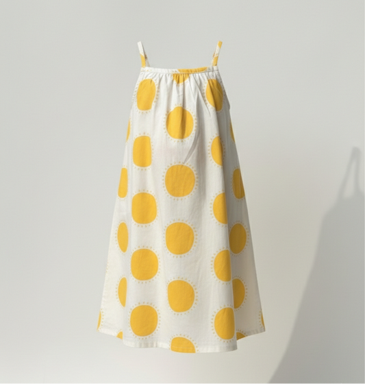 Girls' Premium Golden Sun-Burst A-Line Dress – Luxury Cotton Summer Sundress with Delicate Spaghettii Straps - Serromi