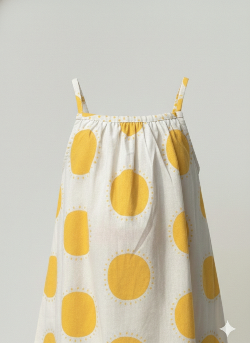 Girls' Premium Golden Sun-Burst A-Line Dress – Luxury Cotton Summer Sundress with Delicate Spaghettii Straps - Serromi