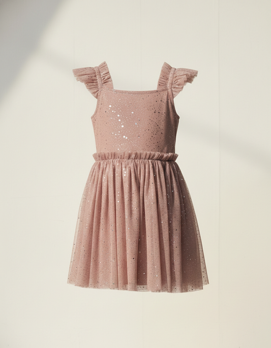 Girls' Premium Mauve Shimmer Tulle Party Dress – Luxury Sequined Event Dress with Ruffled Cap Sleeves - Serromi