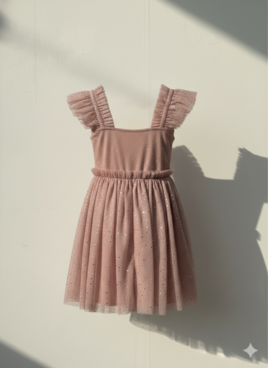 Girls' Premium Mauve Shimmer Tulle Party Dress – Luxury Sequined Event Dress with Ruffled Cap Sleeves - Serromi