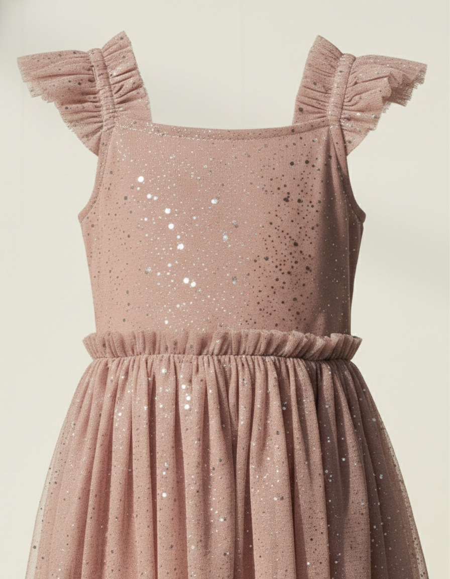Girls' Premium Mauve Shimmer Tulle Party Dress – Luxury Sequined Event Dress with Ruffled Cap Sleeves - Serromi