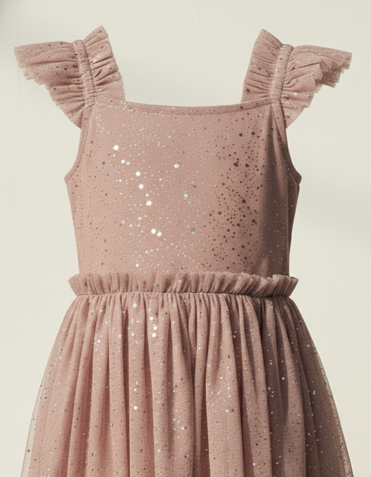 Girls' Premium Mauve Shimmer Tulle Party Dress – Luxury Sequined Event Dress with Ruffled Cap Sleeves - Serromi