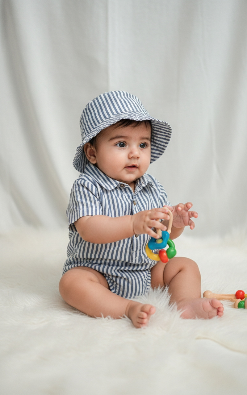 Baby Boys' Premium Nautical Pinstripe Romper & Sun Hat Set – Luxury Cotton Seersucker-Style Shortie with Matching Bucket Hat - Serromi