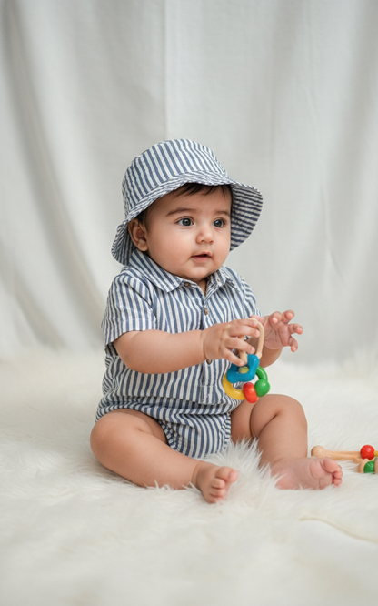 Baby Boys' Premium Nautical Pinstripe Romper & Sun Hat Set – Luxury Cotton Seersucker-Style Shortie with Matching Bucket Hat - Serromi