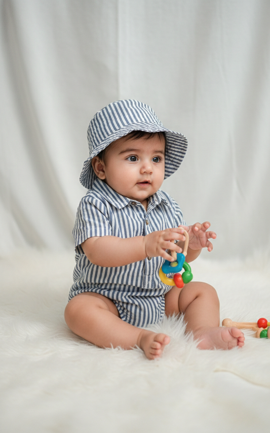 Baby Boys' Premium Nautical Pinstripe Romper & Sun Hat Set – Luxury Cotton Seersucker-Style Shortie with Matching Bucket Hat - Serromi