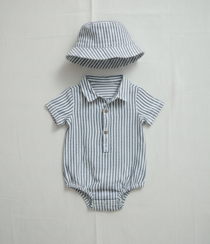 Baby Boys' Premium Nautical Pinstripe Romper & Sun Hat Set – Luxury Cotton Seersucker-Style Shortie with Matching Bucket Hat - Serromi