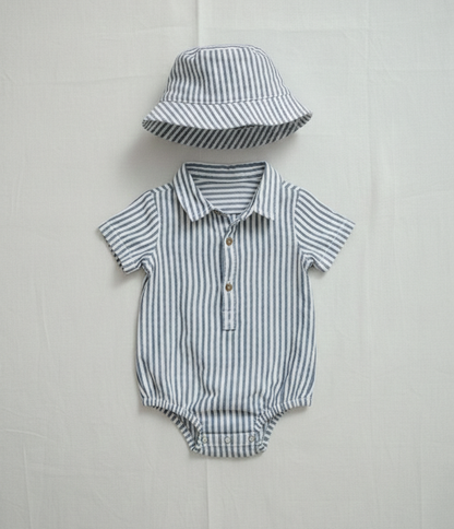 Baby Boys' Premium Nautical Pinstripe Romper & Sun Hat Set – Luxury Cotton Seersucker-Style Shortie with Matching Bucket Hat - Serromi
