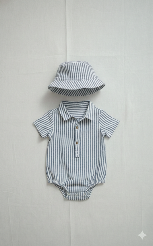 Baby Boys' Premium Nautical Pinstripe Romper & Sun Hat Set – Luxury Cotton Seersucker-Style Shortie with Matching Bucket Hat - Serromi