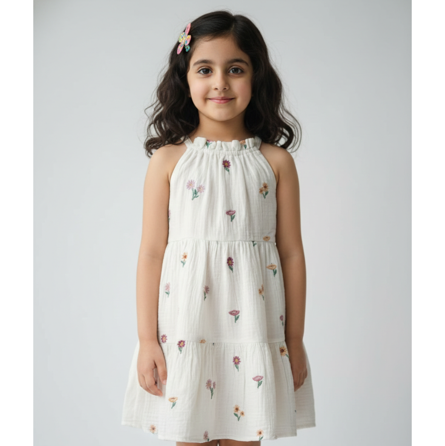 Girls' Premium White Muslin Floral Embroidered Dress – Luxury Tiered Cotton Gauze Summer Dress with Ruffled High Neck