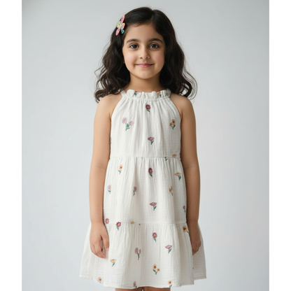 Girls' Premium White Muslin Floral Embroidered Dress – Luxury Tiered Cotton Gauze Summer Dress with Ruffled High Neck