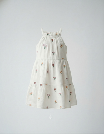 Girls' Premium White Muslin Floral Embroidered Dress – Luxury Tiered Cotton Gauze Summer Dress with Ruffled High Neck - Serromi