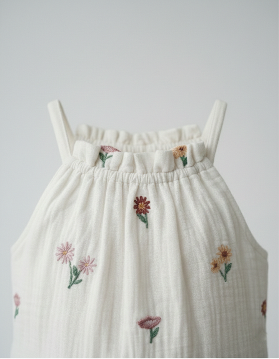 Girls' Premium White Muslin Floral Embroidered Dress – Luxury Tiered Cotton Gauze Summer Dress with Ruffled High Neck - Serromi