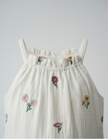Girls' Premium White Muslin Floral Embroidered Dress – Luxury Tiered Cotton Gauze Summer Dress with Ruffled High Neck - Serromi