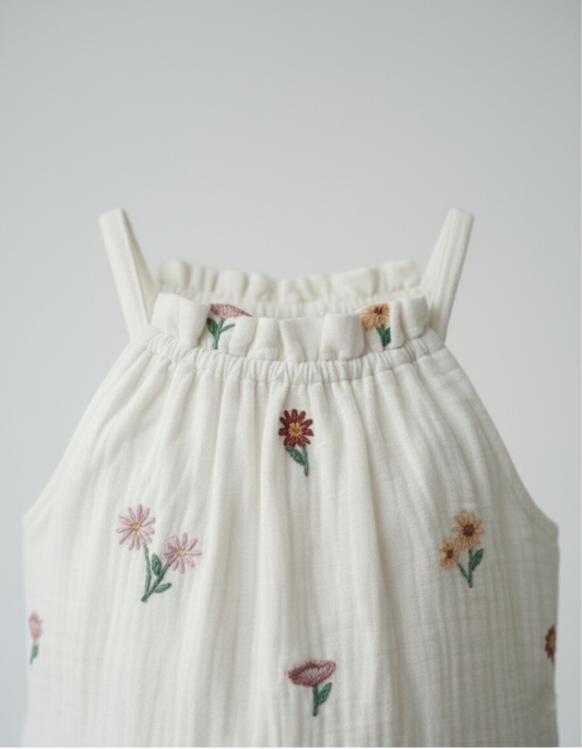 Girls' Premium White Muslin Floral Embroidered Dress – Luxury Tiered Cotton Gauze Summer Dress with Ruffled High Neck - Serromi