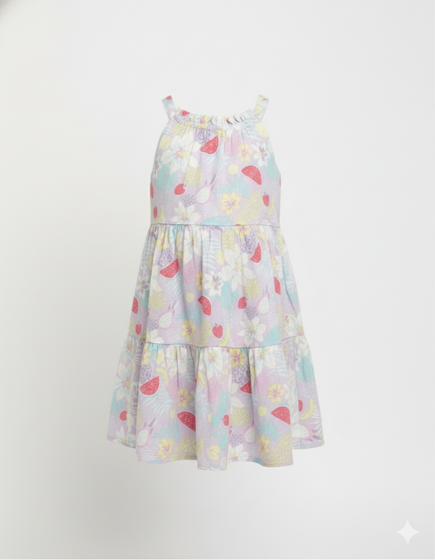Girls' Premium Lilac Fruit & Floral Tiered Dress – Luxury Cotton Halter Summer Dress with Watermelon and Dragonfruit Motif - Serromi