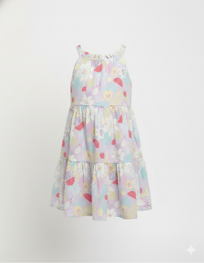 Girls' Premium Lilac Fruit & Floral Tiered Dress – Luxury Cotton Halter Summer Dress with Watermelon and Dragonfruit Motif - Serromi