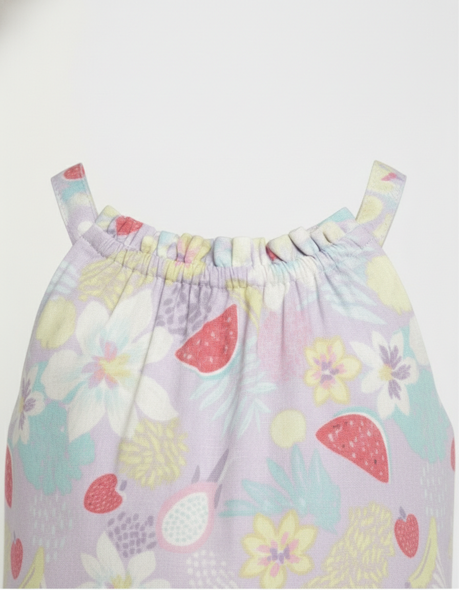Girls' Premium Lilac Fruit & Floral Tiered Dress – Luxury Cotton Halter Summer Dress with Watermelon and Dragonfruit Motif - Serromi
