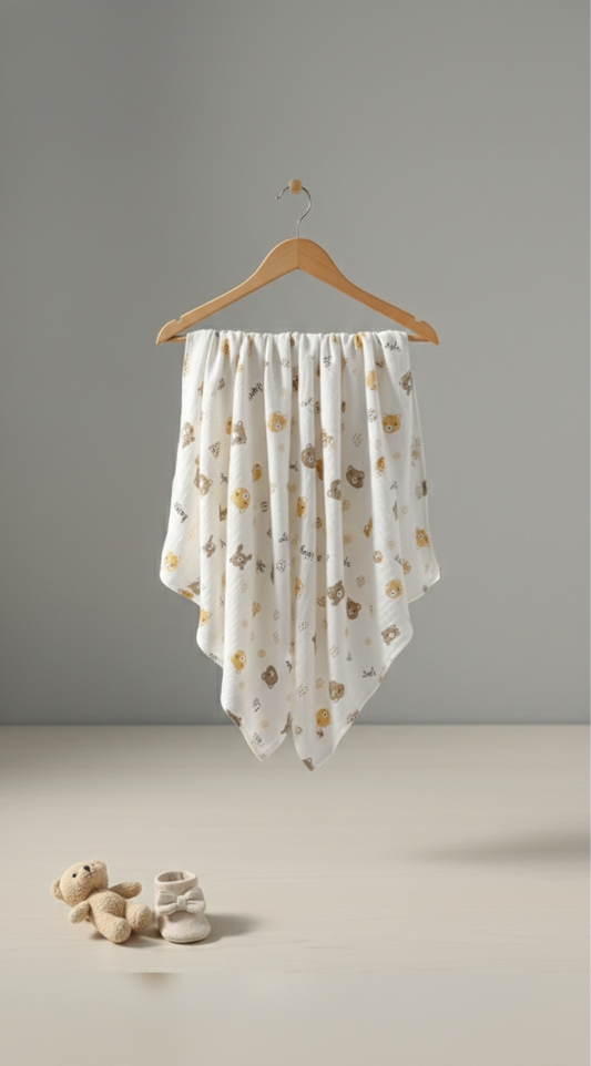 Muslin Cotton Swaddle Trio – Peach Sorbet, Teddy Motif And Stone Speckle