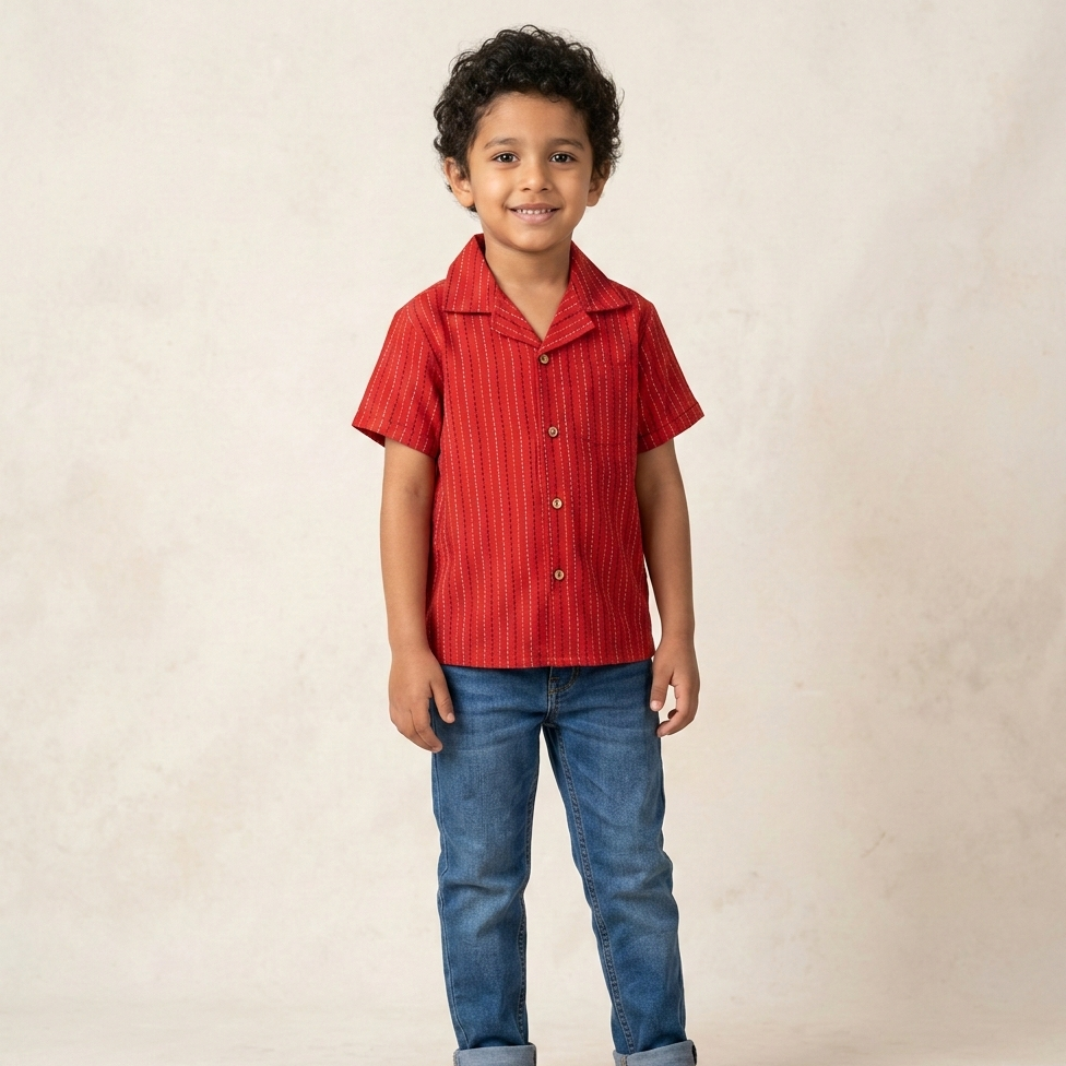 Boys' Crimson Sashiko-Stitched Camp Shirt – Hand-Finished Vermillion Cotton Button-Down in Artisan Slub