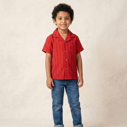 Boys' Crimson Sashiko-Stitched Camp Shirt – Hand-Finished Vermillion Cotton Button-Down in Artisan Slub