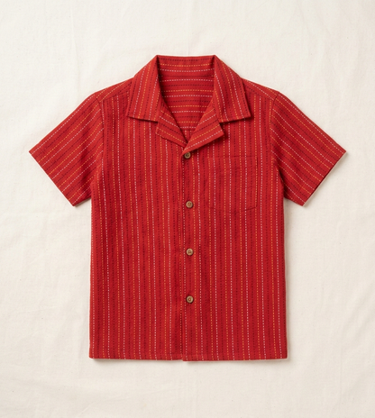 Boys' Crimson Sashiko-Stitched Camp Shirt – Hand-Finished Vermillion Cotton Button-Down in Artisan Slub - Serromi