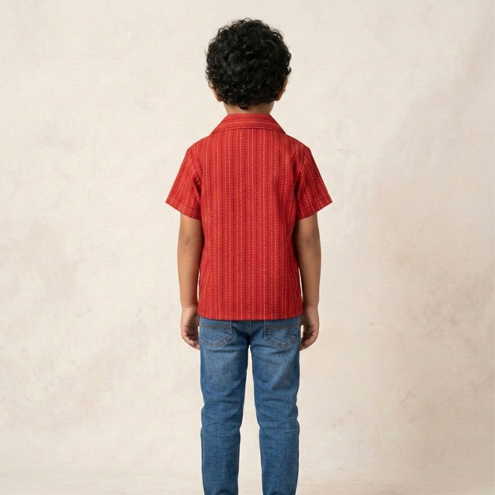 Boys' Crimson Sashiko-Stitched Camp Shirt – Hand-Finished Vermillion Cotton Button-Down in Artisan Slub