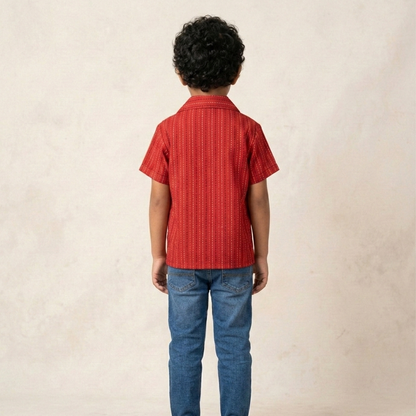 Boys' Crimson Sashiko-Stitched Camp Shirt – Hand-Finished Vermillion Cotton Button-Down in Artisan Slub