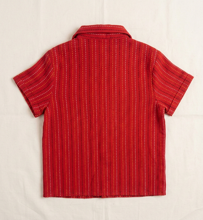 Boys' Crimson Sashiko-Stitched Camp Shirt – Hand-Finished Vermillion Cotton Button-Down in Artisan Slub - Serromi