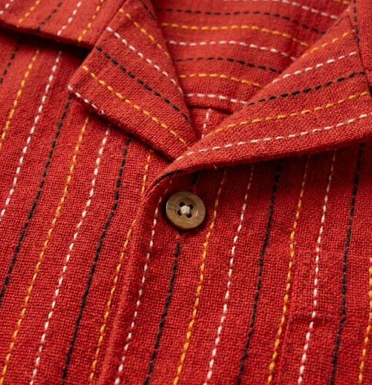 Boys' Crimson Sashiko-Stitched Camp Shirt – Hand-Finished Vermillion Cotton Button-Down in Artisan Slub
