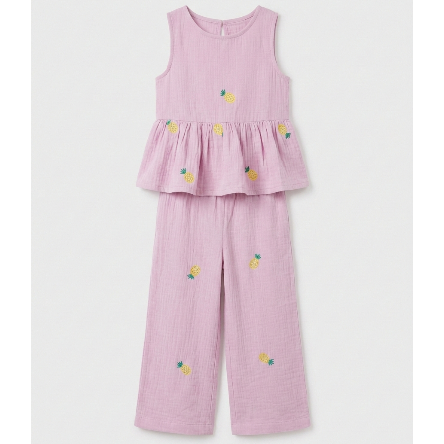 Girls' Embroidered Pineapple Muslin Peplum Set – Two-Piece Cotton Gauze Ensemble in Lilac