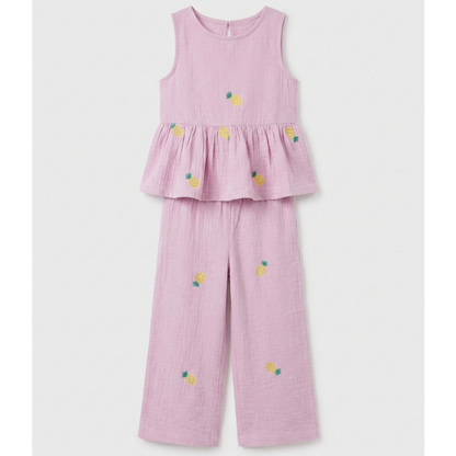 Girls' Embroidered Pineapple Muslin Peplum Set – Two-Piece Cotton Gauze Ensemble in Lilac