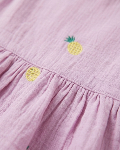 Girls' Embroidered Pineapple Muslin Peplum Set – Two-Piece Cotton Gauze Ensemble in Lilac