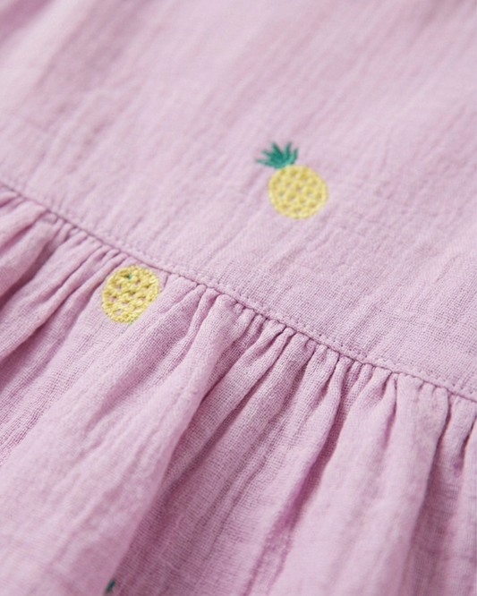 Girls' Embroidered Pineapple Muslin Peplum Set – Two-Piece Cotton Gauze Ensemble in Lilac