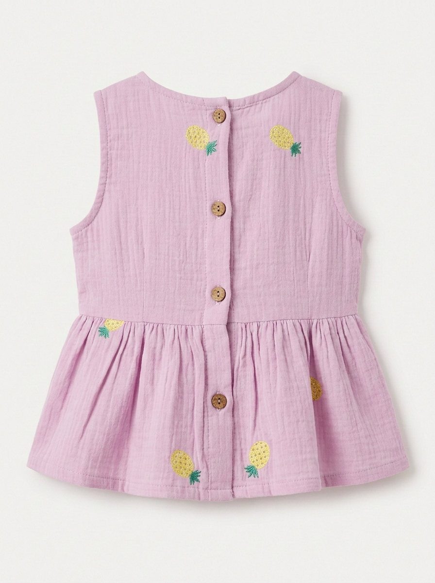 Girls' Embroidered Pineapple Muslin Peplum Set – Two-Piece Cotton Gauze Ensemble in Lilac - Serromi