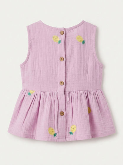 Girls' Embroidered Pineapple Muslin Peplum Set – Two-Piece Cotton Gauze Ensemble in Lilac - Serromi