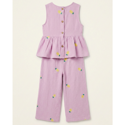 Girls' Embroidered Pineapple Muslin Peplum Set – Two-Piece Cotton Gauze Ensemble in Lilac