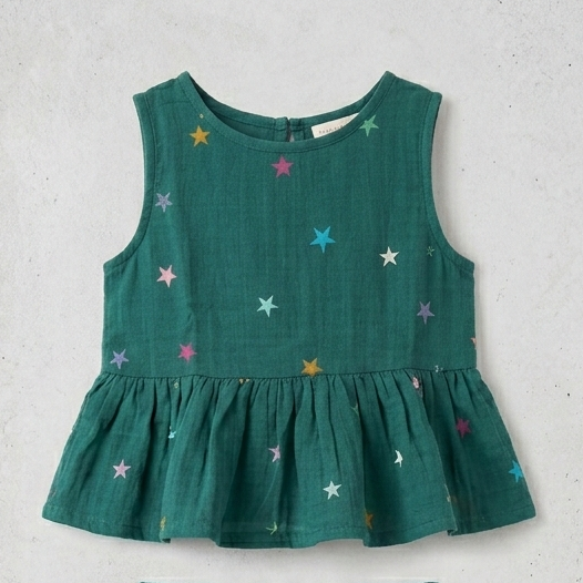 Girls' Celestial Embroidered Muslin Co-ord Set – Forest Green Two-Piece Peplum &amp; Wide-Leg Trouser