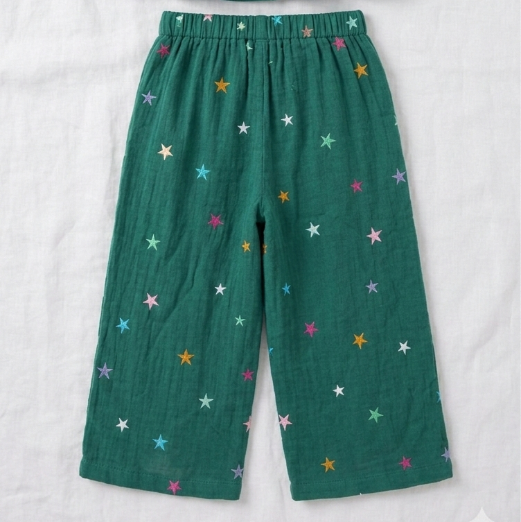 Girls' Celestial Embroidered Muslin Co-ord Set – Forest Green Two-Piece Peplum &amp; Wide-Leg Trouser