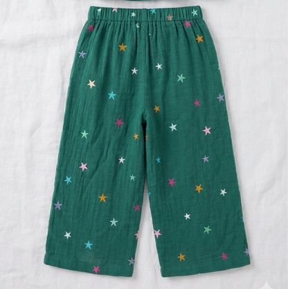 Girls' Celestial Embroidered Muslin Co-ord Set – Forest Green Two-Piece Peplum &amp; Wide-Leg Trouser