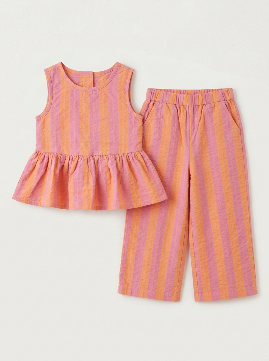 Girls' Sunset Sorbet Striped Seersucker Set – Peplum Cami &amp; Wide-Leg Trouser Co-ord in Pink and Orange - Serromi