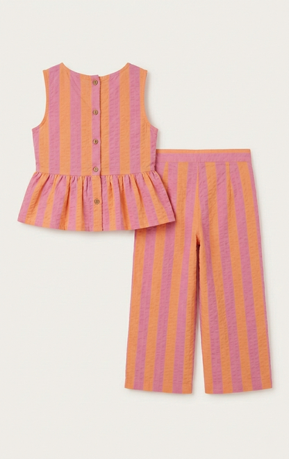 Girls' Sunset Sorbet Striped Seersucker Set – Peplum Cami &amp; Wide-Leg Trouser Co-ord in Pink and Orange - Serromi