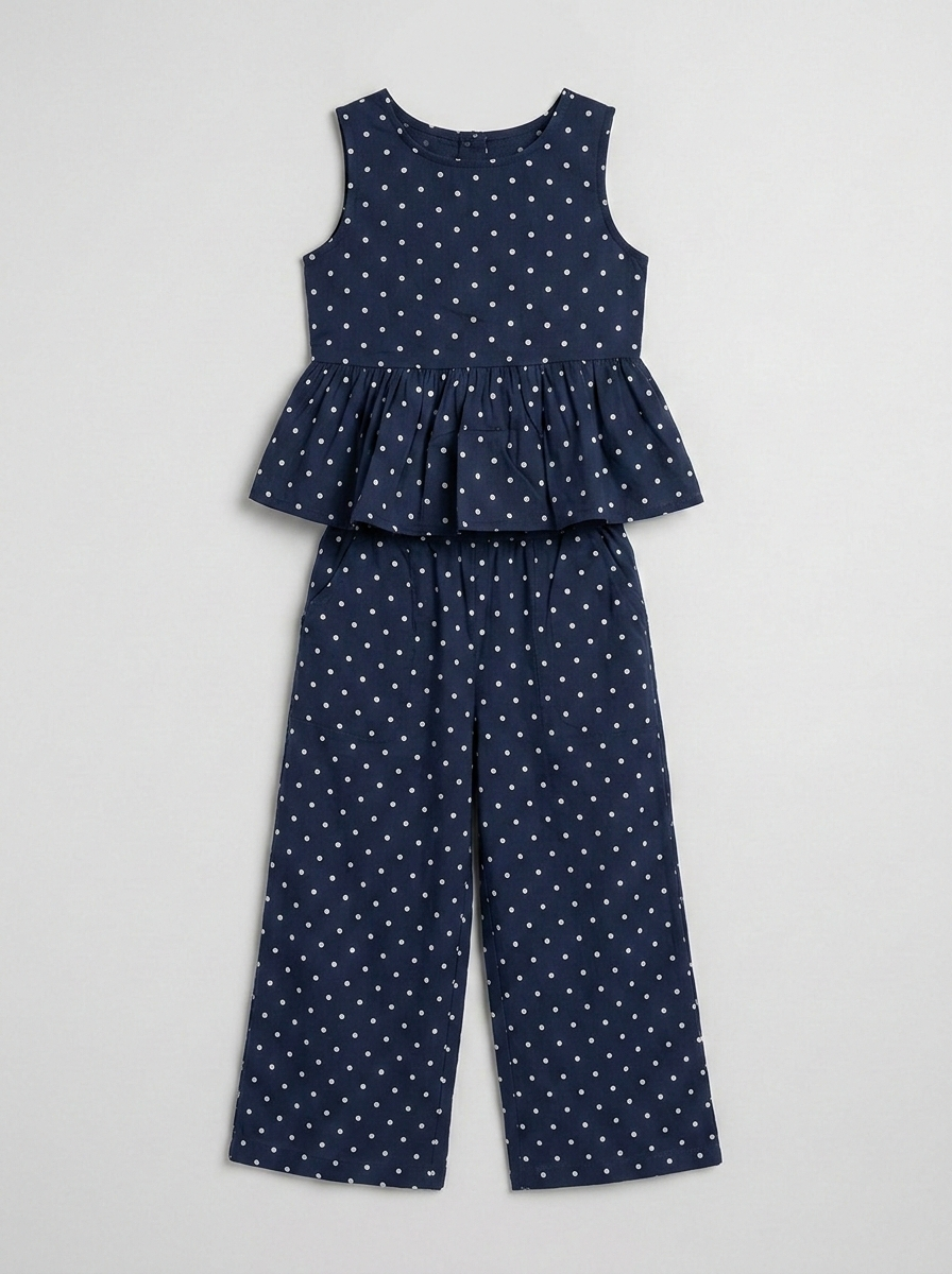 Girls' Midnight Polka Dot Muslin Co-ord Set – Navy Peplum Cami &amp; Wide-Leg Trouser Ensemble - Serromi